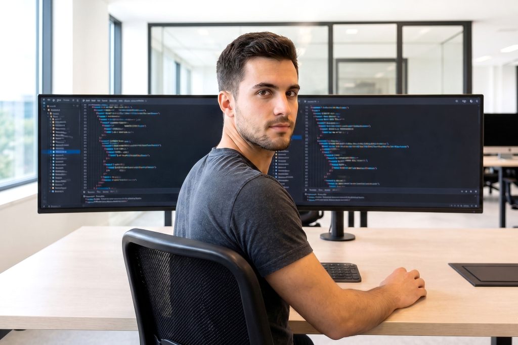 Student przy dwóch monitorach z kodem w laboratorium informatycznym